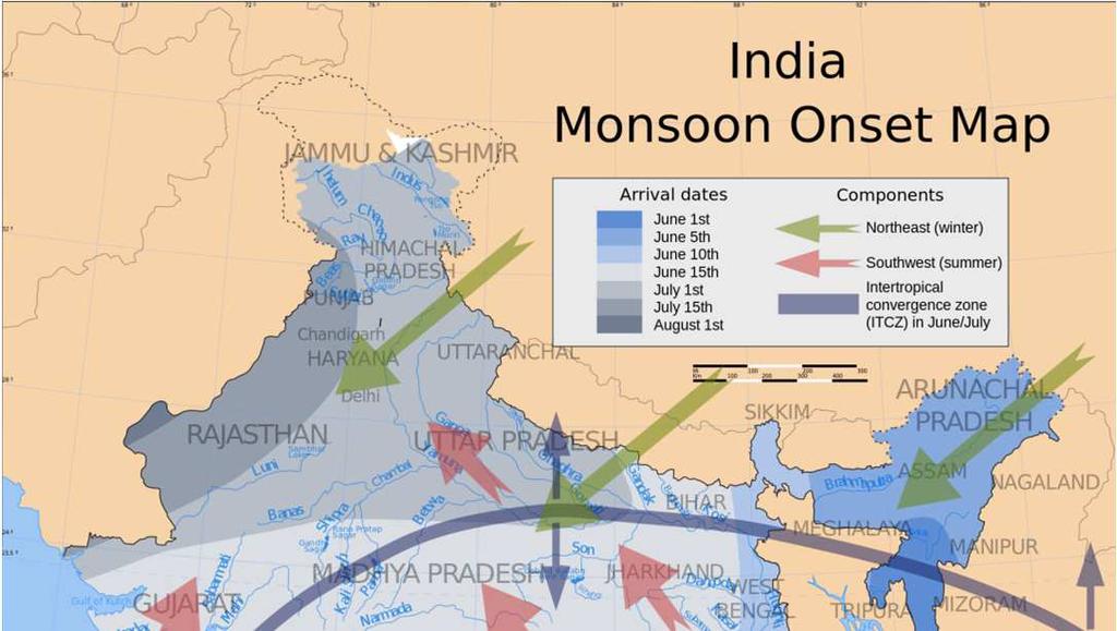 De Moesson in India Isochronen voor het begin van de moesson in India.