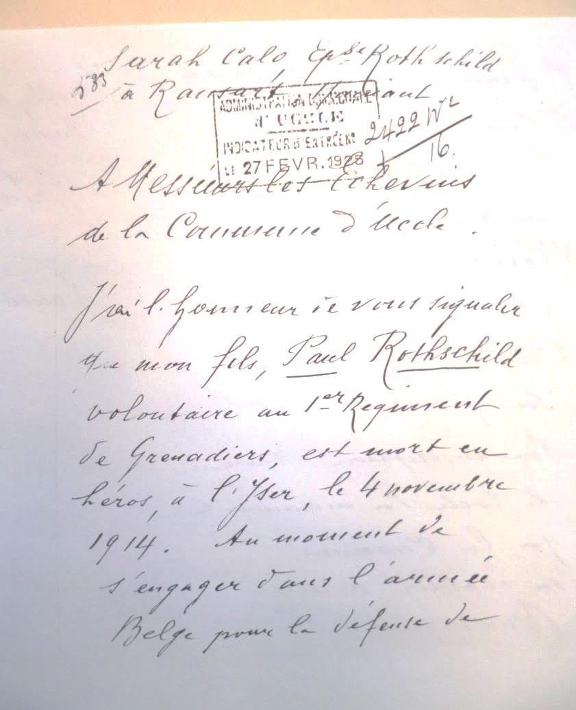 Bijlage Brief van mevrouw Carlo, echtgenote van mr. Rotschild, aan de administratie van de gemeente Ukkel op 26/02/1925 (Archieven van de gemeente Ukkel, dienst Cultuur).