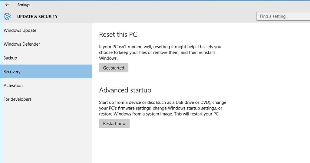 Deze pc resetten 1. Ga naar [Start], klik op [Settings] (Instellingen) en selecteer [Update and security] (Update en beveiliging). 2.