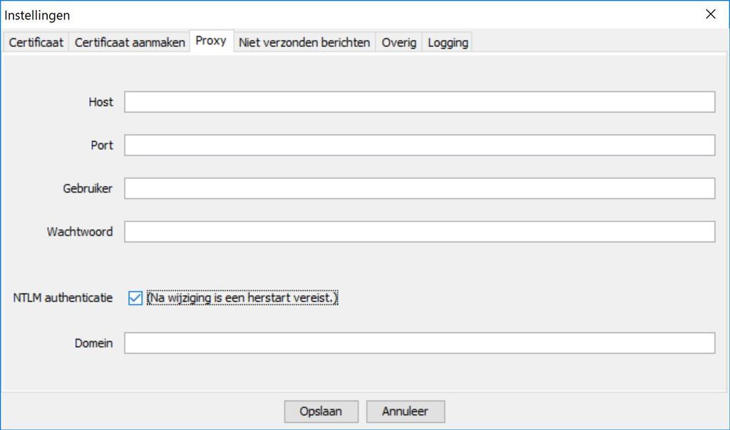 3.4 Het tabblad Proxy (optioneel) In onderstaand tabblad kan het gebruik van een proxy server door de PVM NIVEL worden ingesteld.