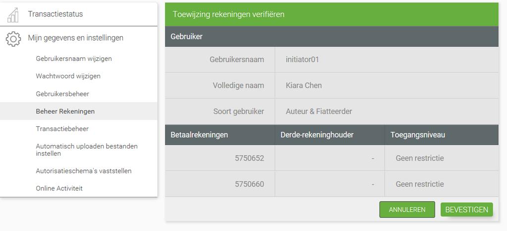 Onder Transacties toewijzen selecteert u de gebruiker aan wie u transacties wilt toewijzen 3. Vink aan welke transacties de gebruiker mag uitvoeren.