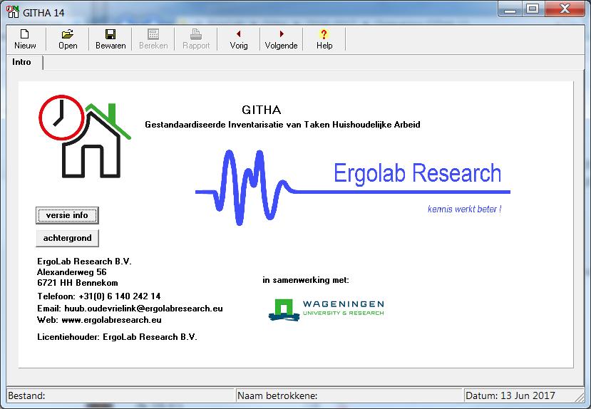Handleiding bij GITHA 14 Versie: 13 juni 2017 Openingsscherm: Na starten opent GITHA met een introductiescherm. Naast de contactinformatie toont dit scherm twee knoppen.