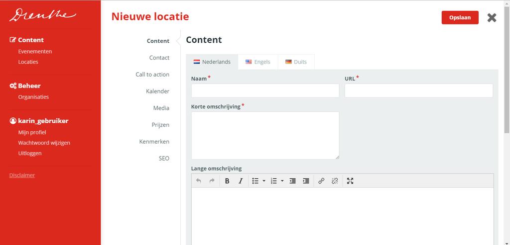 Het tabblad Content Figuur 8: het tabblad 'Content' Naam Vul hier de naam van uw locatie in. Url Deze wordt automatisch ingevuld, hier hoeft u zelf niets in te typen.