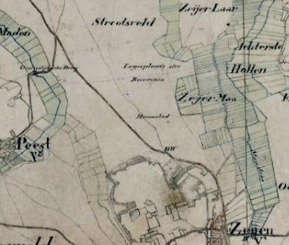 III Fragment van een topografische militaire kaart uit de periode 1830-1850 van het gebied ten noorden van Peest en Zeijen. Ten noorden van het 'hunnebed' staat: 'Legerplaats der Romeinen'.