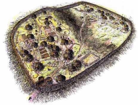 Reconstructie samenleving 743 Reconstructietekening van menselijke activiteit tijdens de prehistorie; de plek heet Caer Drewyn en ligt in