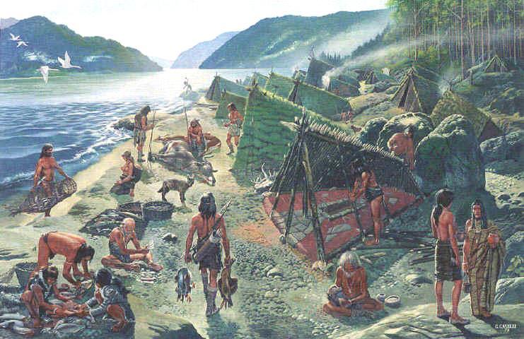 Jagers en verzamelaars 74 Reconstructietekening van het leven van een groep mensen in de prehistorie.