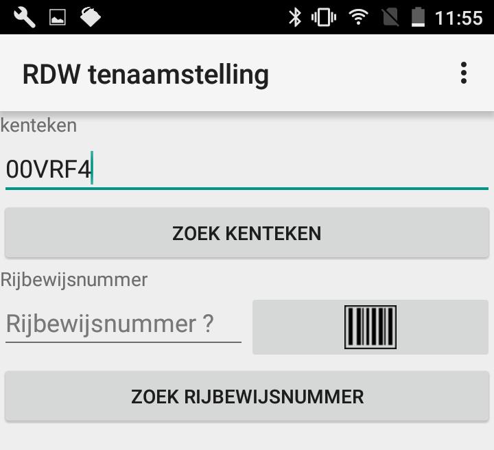 RDW tenaamstelling Wanneer deze applicatie wordt gestart kan er gekozen worden met welk kenteken of rijbewijsnummer gezocht wordt naar de persoonsgegevens, ook is er de mogelijkheid om met de