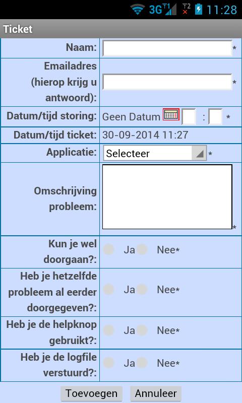 Indien u al ingelogd bent voor de apps bent u ook automatisch ingelogd voor het ticketsysteem op de backoffice. Vul uw naam en emailadres in.