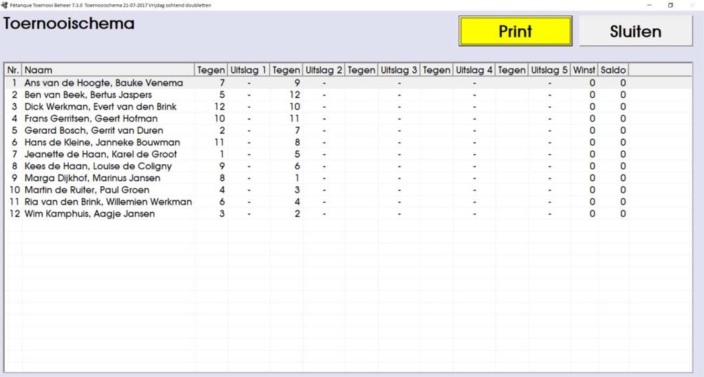 Bij gemixte teams per ronde vermeldt het overzicht per speler per speelronde met wie en tegen wie gespeeld wordt en de ingevoerde uitslagen.