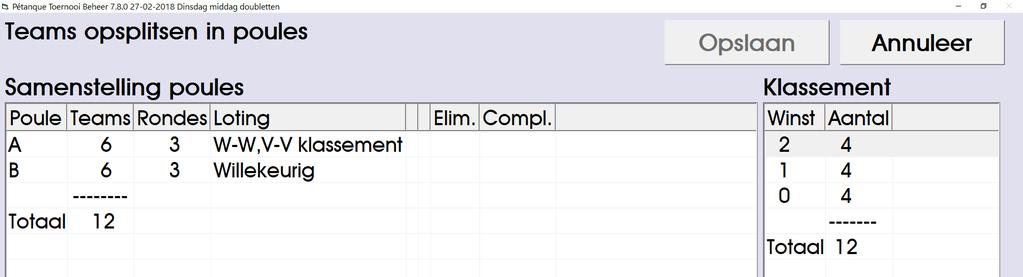 Het aantal teams, het aantal speelrondes en de manier van loting in een poule kan worden gewijzigd door in het vak Samenstelling poules de poule met de linker muisknop aan te klikken of door het