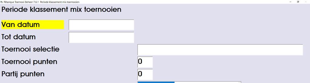 54 Periode klassement selectiecriteria In dit venster kan ingevoerd worden aan welke selectiecriteria de toernooien moeten voldoen en op welke wijze punten worden toegekend.