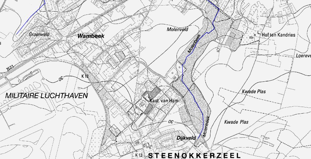 De afwatering gebeurt via de Molenbeek in het zuidoosten die stroomt naar het noorden (fig. 1.5).