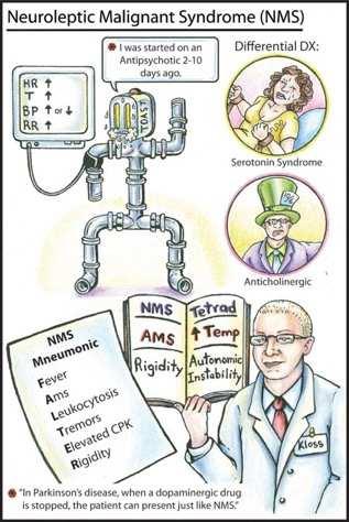 Corpus striatum/basale ganglia: extrapiramidale symptomen Rigiditeit warmteproductie/spierafbraak CK stijging/rabdomyolyse Nierfalen D-antagonisme hypothalamus Wegvallen mechanisme warmteafgave