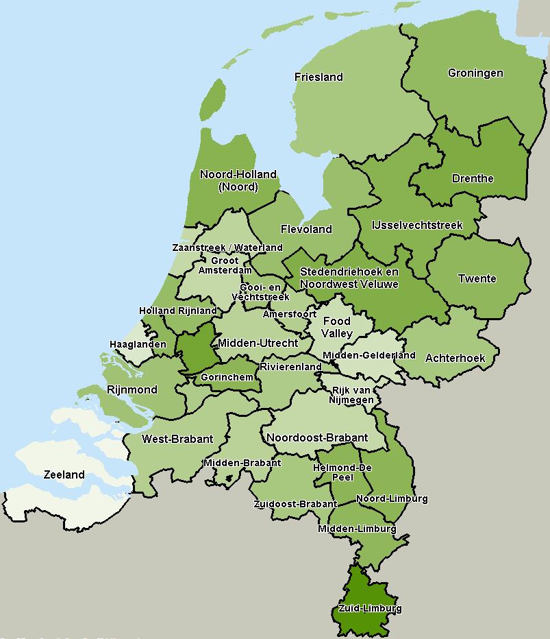 Ontwikkeling per arbeidsmarktregio in het afgelopen kwartaal Nederland is