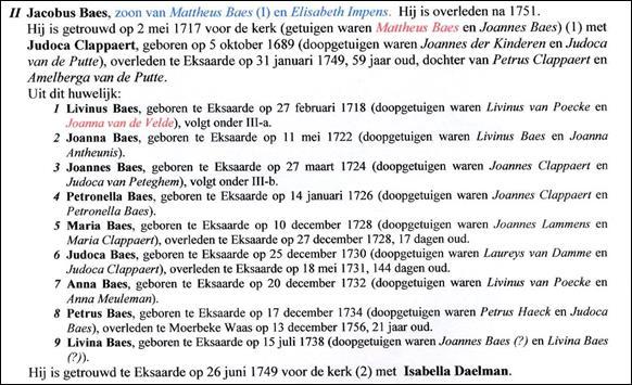Fig.2 Gegevens uit boek stamboom Fam. Baes 1750-2005 Vooral belangrijk op dit ogenblik zijn de kinderen: de oudste Livinus ( Eksaarde 27-02-1718) en de derde Joannes ( Eksaarde 27-03-1724).