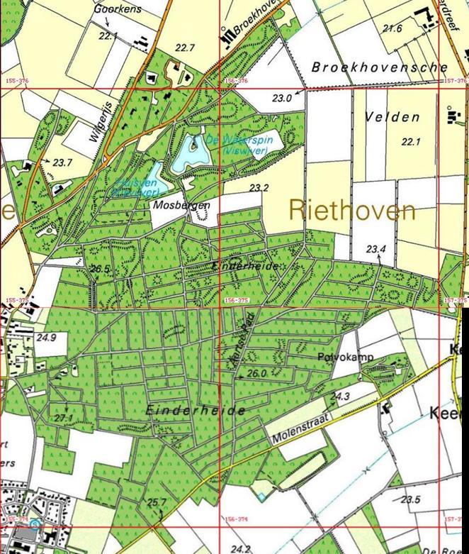 Het onderzoeksgebied en methode De Einderheide ligt ten noordwesten van de kern van Riethoven en is een voormalig heideveld. Het zuidelijke deel was echter al in 1840 beplant met bos.