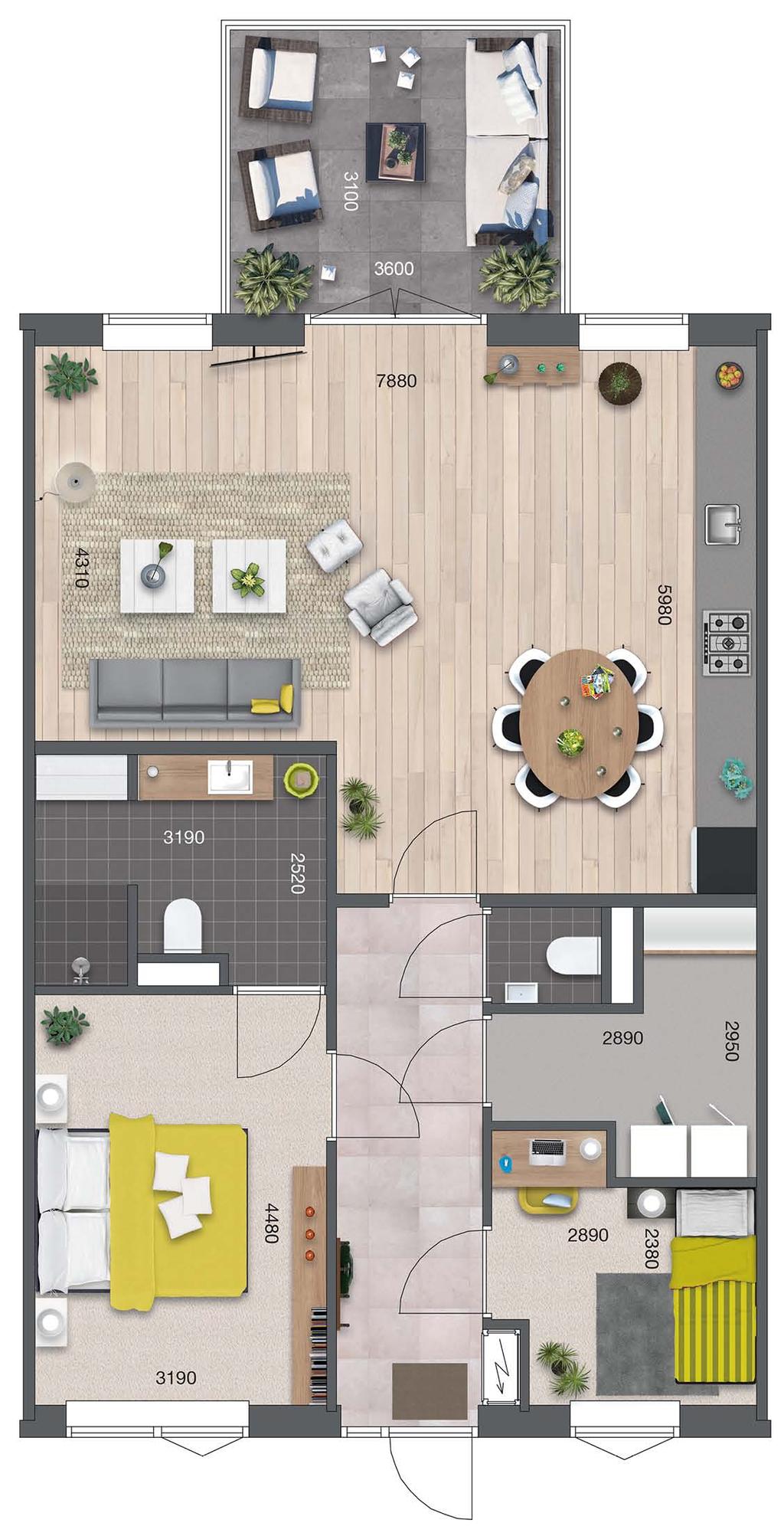 Mipatio - plattegrond Comfort appartement 3 100 m 2 Comfort appartement exclusief balkons en binnenberging. Uw eigen indelingswensen zijn bespreekbaar.