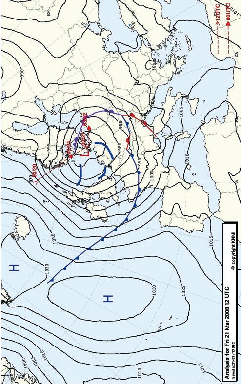 Bijlage 2. Luchtdrukverdeling 21 maart 2008 13h00 (12h00 UTC).