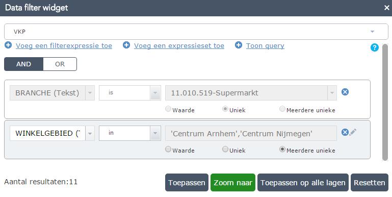 U kiest voor Voeg een filterexpressie toe : Kies voor Meerdere unieke en selecteer de winkelgebieden. De AND/ OR button moet op AND staan.