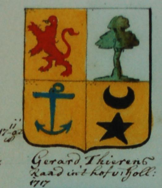 Dit gevierendeelde wapen is van Jacobus Thierens, gedoopt Naarden 15 februari 1656, 36 raad, 1 e secretaris, weesmeester en burgemeester van Naarden, overl. Naarden 16 oktober 1720.
