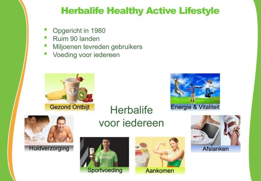 Herbalife Healthy Active Lifestyle Opgericht in 1980 Ruim 90 landen Miljoenen tevreden gebruikers Voeding voor