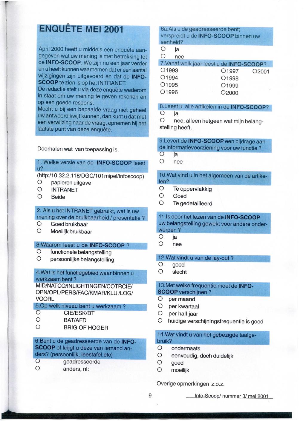 ENQUÊTE MEI 2001 April 2000 heeft u middels een enquête aangegeven wat uw mening is met betrekking tot de INFO-SCOOP.