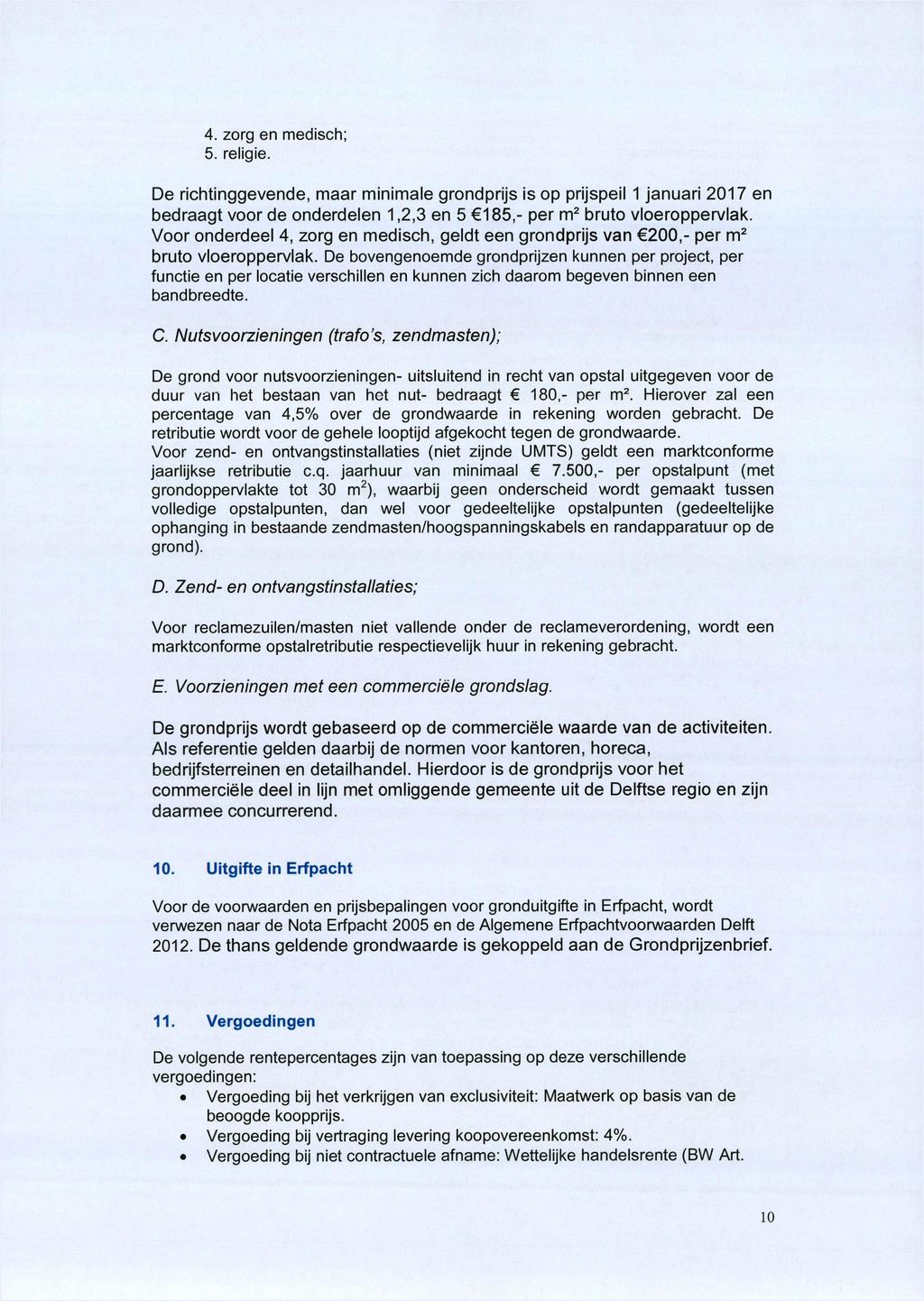 4. zorg en medisch; 5. religie. De richtinggevende, maar minimale grondprijs is op prijspeil 1 januari 2017 en bedraagt voor de onderdelen 1,2,3 en 5 185, per m2 bruto vloeroppervlak.