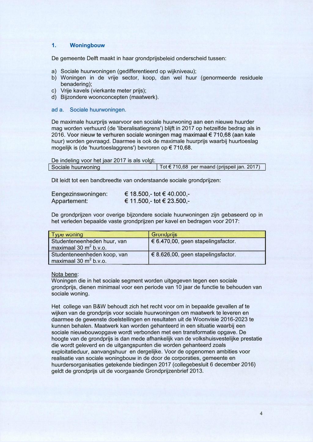 1. Woningbouw De gemeente Delft maakt in haar grondprijsbeleid onderscheid tussen: a) Sociale huurwoningen (gedifferentieerd op wijkniveau); b) Woningen in de vrije sector, koop, dan wel huur