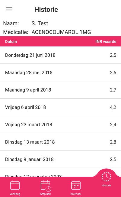 5 Historie Op het historiescherm ziet u de bij u in het verleden gemeten INR waarden op volgorde van datum weergegeven. 4.