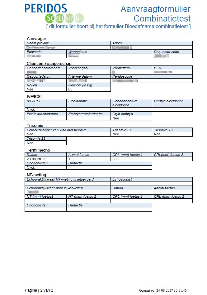 Voorbeeld bloedafnameformulier combinatietest Peridos, pagina 2 (deze zal t.