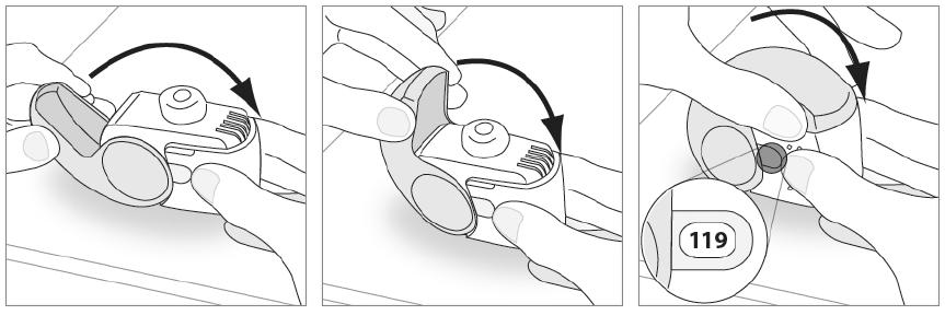 3. Adem zo ver mogelijk uit voordat u inhaleert. o Adem niet uit via uw inhalator. E.3. Inhaleren Sta of zit rechtop, waar mogelijk, wanneer u inhaleert. 1.