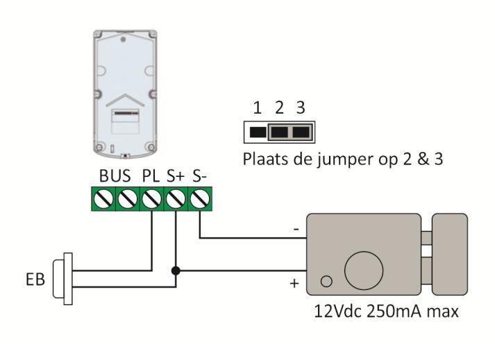 Het volgende schema toont hoe men één deurslot moet aansluiten, zelfs met de EB (exit button). In dit geval moet de jumper van de camera zich op positie 2-3 bevinden.