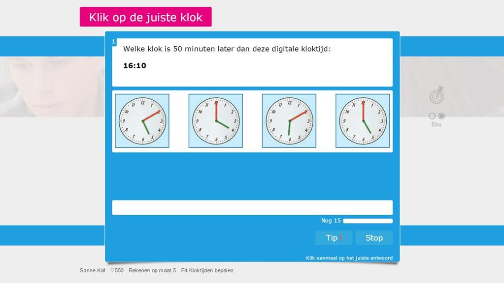 Een voorbeeld van een oefening geldrekenen met euro s uit oefening K2. Een voorbeeld van analoog en digitaal klokkijken uit oefening F4.