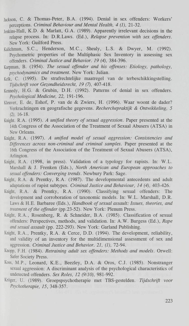 Jackson, C. & Thomas-Peter, B.A. (1994). Denial in sex offenders: Workers' perceptions. Criminal Behaviour and Mental Health, 4 (1), 21-32. Jenkins-Hall, K.D. & Marlatt, G.A. (1989).