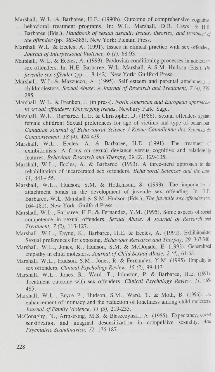 Marshall, W.L. & Barbaree, H.E. (1990b). Outcome of comprehensive cognitivebehavioral treatment programs. In: W.L. Marshall, D.R. Laws. & H.E. Barbaree (Eds.