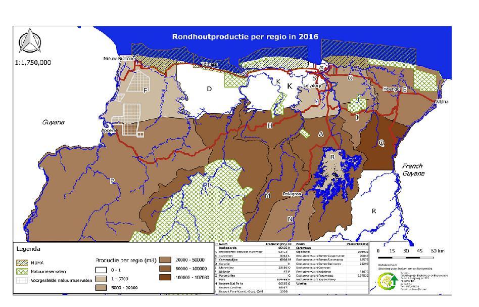 5. Productie per regio Figuur 8. Kaart van rondhout productie per regio in 206 Tabel 2.