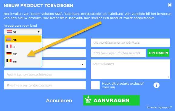 De wetgeving van het land dat u hier selecteert, zal toegepast worden op het aangevraagde product. Dit staat standaard op Nederland.