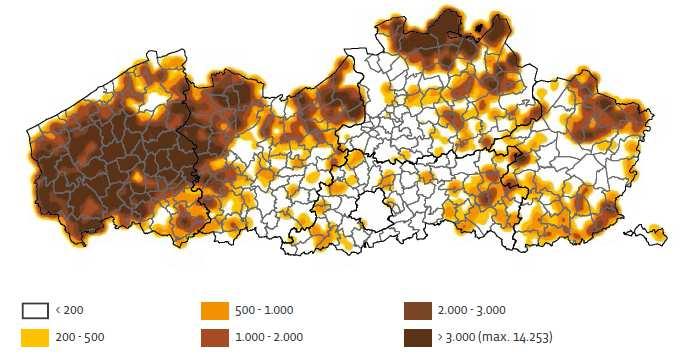Belang van varkenshouderij per gemeente euro standaard output per ha (LARA, 2012)