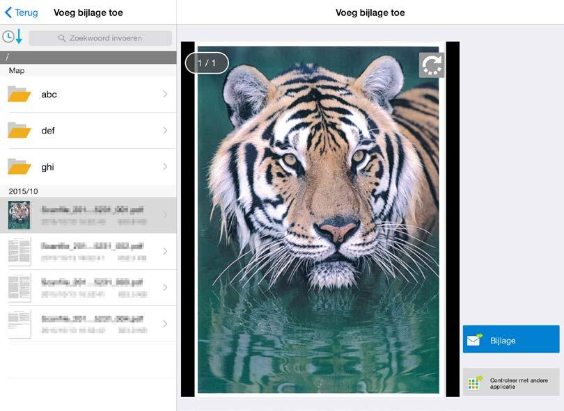 Bestanden en mappen, die zijn opgeslagen in deze toepassing worden weergegeven. Tip op een willekeurig bestand om aan e-mail te koppelen. Ga naar sectie 12.1 om bestanden-/maplijst te wijzigen of 12.