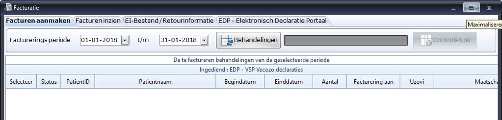 Daarna klikt u op 1 van de onderdelen van het facturatie gedeelte. Het scherm opent dan met het aangeklikte onderdeel.