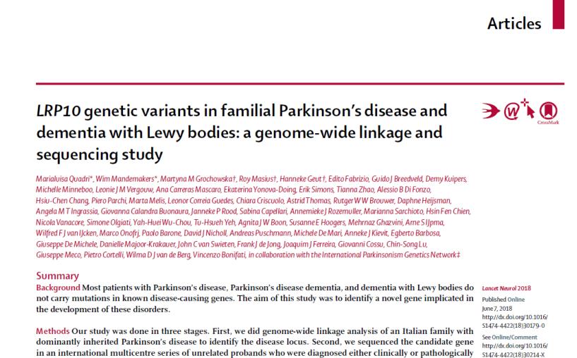 Nieuw gen ontdekt bij Lewy body dementie en de ziekte van Parkinson Internationale studie bij patiënten met de ziekte van Parkinson en Lewy body dementie Zelfde gendefect in grote