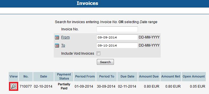 1.1 Maandelijkse specificatie opvragen Via het menu linksboven specificatie (Invoices) pagina openen. Op deze pagina kunt u de begin en eind datum van de op te vragen specificatie opgeven.