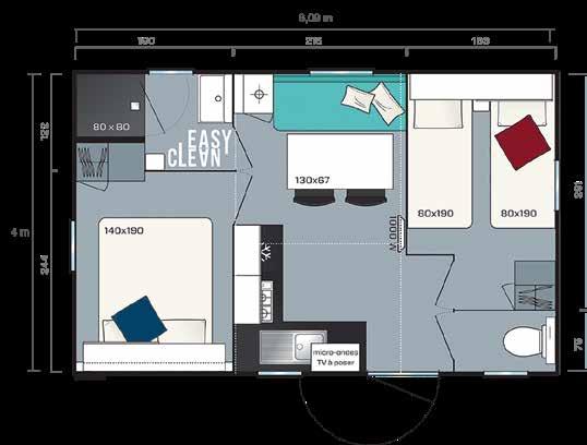 stacaravan ideaal voor een familie van 2 volwassenen en 2 kinderen. 2 slaapkamers : 1 tweepersoonsbed van 140 cm, 2 eenpersoonsbedden van 80 cm. Uitgeruste keuken.