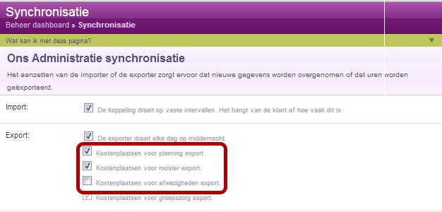 Kostenplaatsen export in Ons Planning: uitleg en configuratie Als onderdeel van de planning-, rooster- en afwezighedenexport is het mogelijk om in Ons Planning aan te geven dat ook kostenplaatsen mee