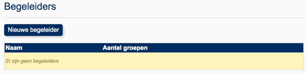 4 Begeleiders Klik in het menu op Begeleiders. Je komt dan op de pagina Begeleiders. Klik op Nieuwe begeleider om een begeleider toe te voegen.