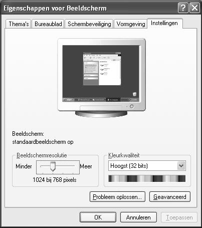 Beeldscherminstellingen onder Windows XP Met Windows XP voert u beeldscherminstellingen door in "Eigenschappen voor Beeldscherm".