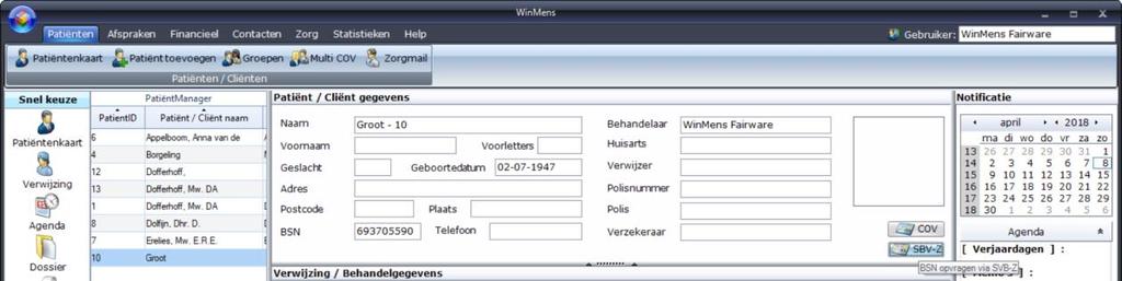 Het 1 e onderdeel waar u de SBV-Z kunt starten is via het startscherm. U selecteert een patiënt waarvoor u de SBV-Z uit wilt voeren en daarna klikt u op de knop [SBV-Z].