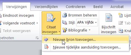 Binnen dit menu klik je op <Citaat invoegen> <Nieuwe bron toevoegen> om een bron in te voeren.