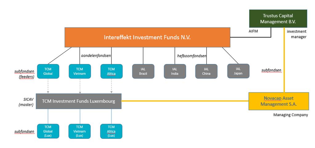 STRUCTUUR AANDELENFONDSEN Vanaf de start van de aandelenfondsen in Luxemburg ziet de structuur er als volgt uit: In Luxemburg is een zogenaamde SICAV (société d investissement à capital variable)
