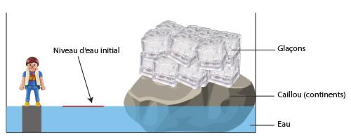 LEERLINGENFICHE Experiment 1: Bepalen welke invloed het smelten van de continentale gletsjers heeft op de zeespiegel Materiaal: 1 grote schaal of pot 10 tot 15 ijsblokjes 1 steen Water Eventueel een